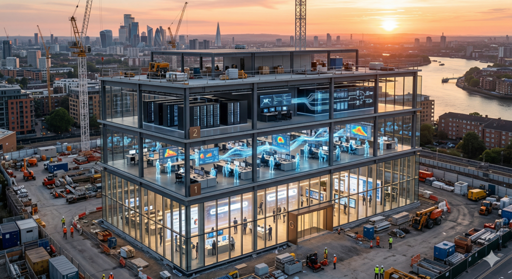 A futuristic, three-story building in cross-section at golden hour, showing a ground-floor discovery lobby, a middle-floor AI engagement hub, and a top-floor server infrastructure.