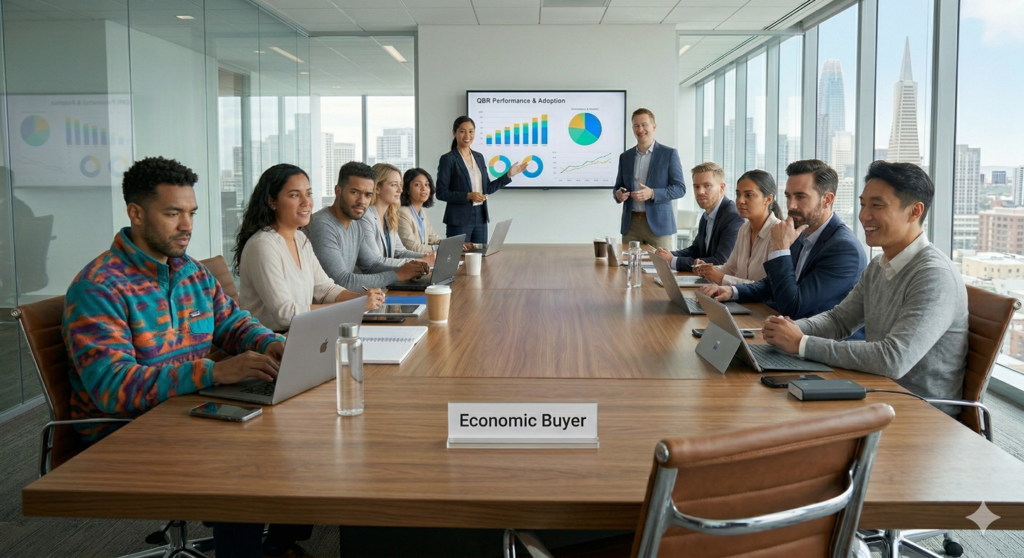 A diverse business team listens to a "QBR" presentation in a San Francisco boardroom, with the "Economic Buyer" sign and empty chair prominently in the foreground.