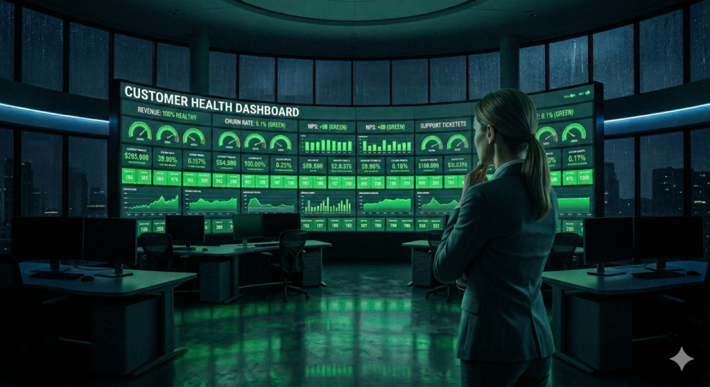 A professional woman stands in a high-tech control room at night, observing a massive curved screen displaying a green "Customer Health Dashboard."