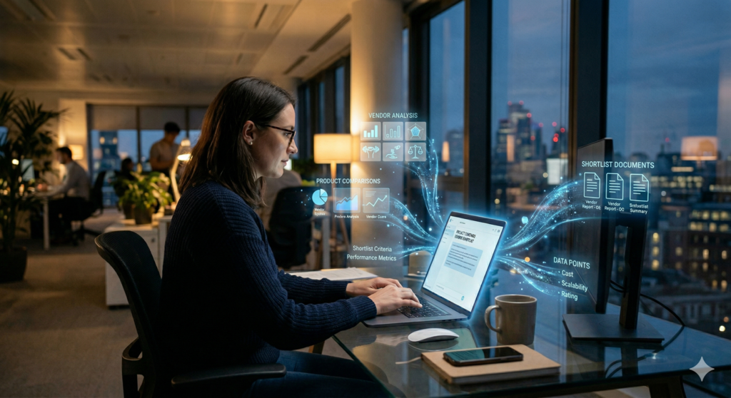Gemini said A woman uses a laptop in a modern office at dusk, surrounded by glowing holographic data displays that analyze products and documents.