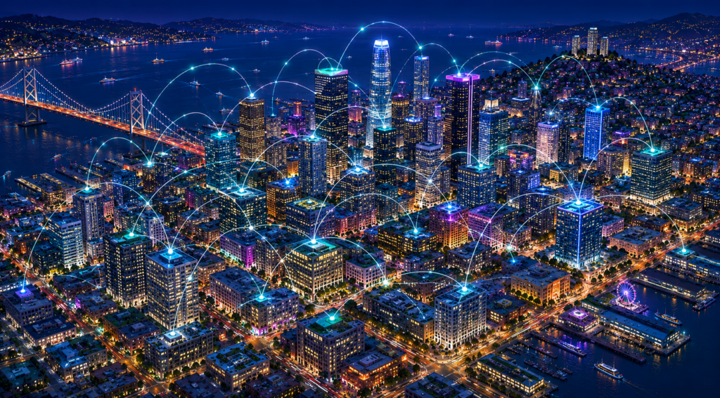 A colorful, futuristic coastal city at night with glowing buildings connected by curved data lines overhead.