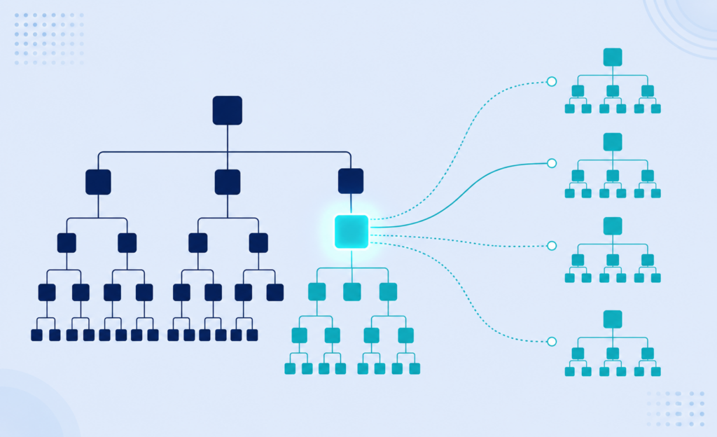 A glowing organizational chart expands outward into connected divisions on a blue gradient background, illustrating business growth and scaling.