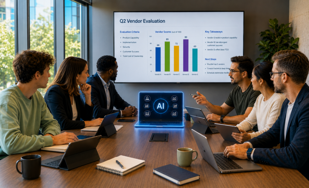 Business leaders and AI collaborate in a boardroom as a glowing AI assistant joins a vendor evaluation meeting alongside human decision-makers.