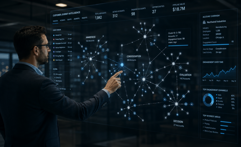 Business professional analyzing a network of proprietary signals on a digital display, highlighting patterns and account insights.