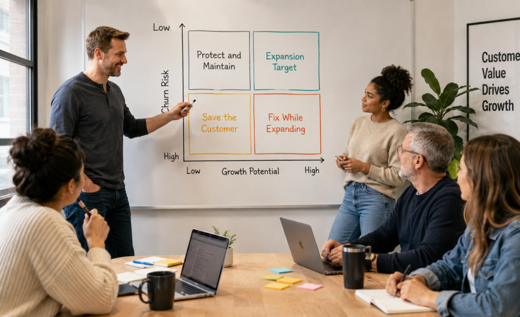A customer account team reviews a simple 2x2 matrix that separates churn risk from growth potential, highlighting why retention and expansion require different signals, priorities, and customer motions. The discussion illustrates the core Customer-Led Growth idea: protecting revenue and growing revenue are related goals, but distinct capabilities.