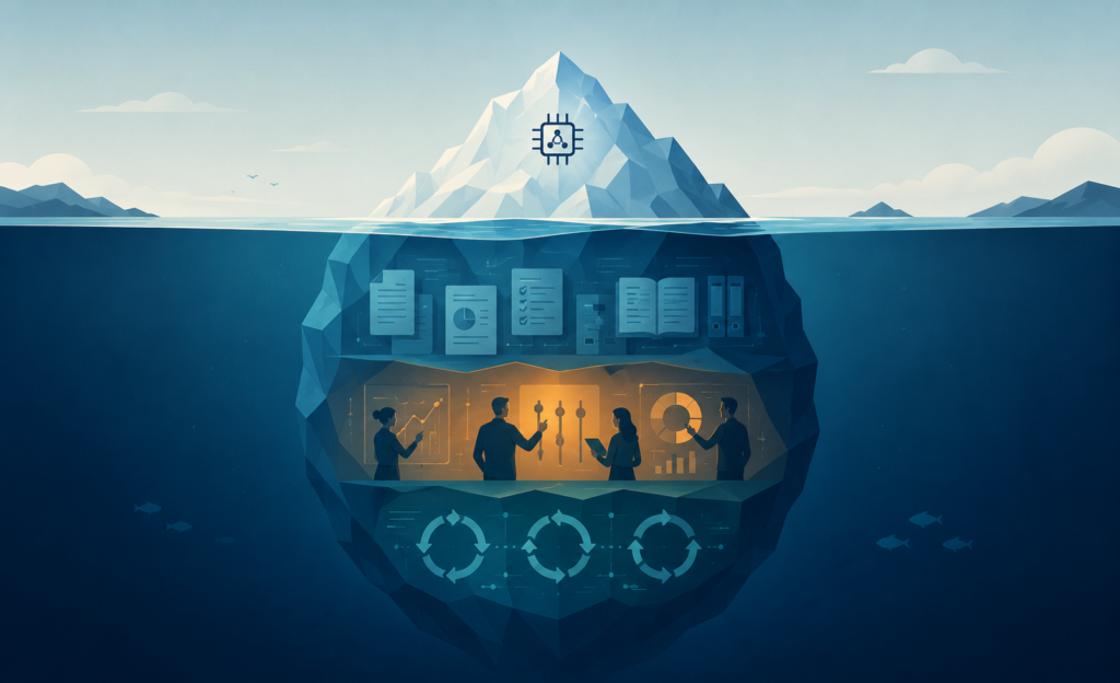 Illustration of an iceberg showing that the visible AI is only a small part of an AI-native service, with larger hidden layers representing playbooks, human expertise, and continuous optimization beneath the surface.