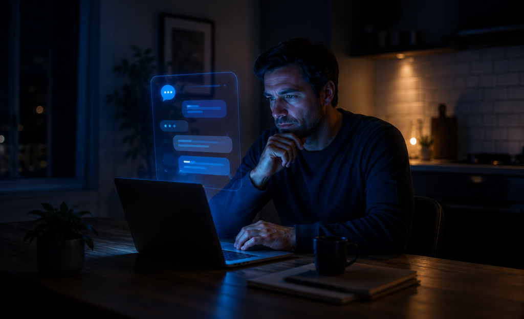 Person using an AI assistant at home late at night, illustrating the growing DIY AI support channel where customers seek answers outside official support systems.