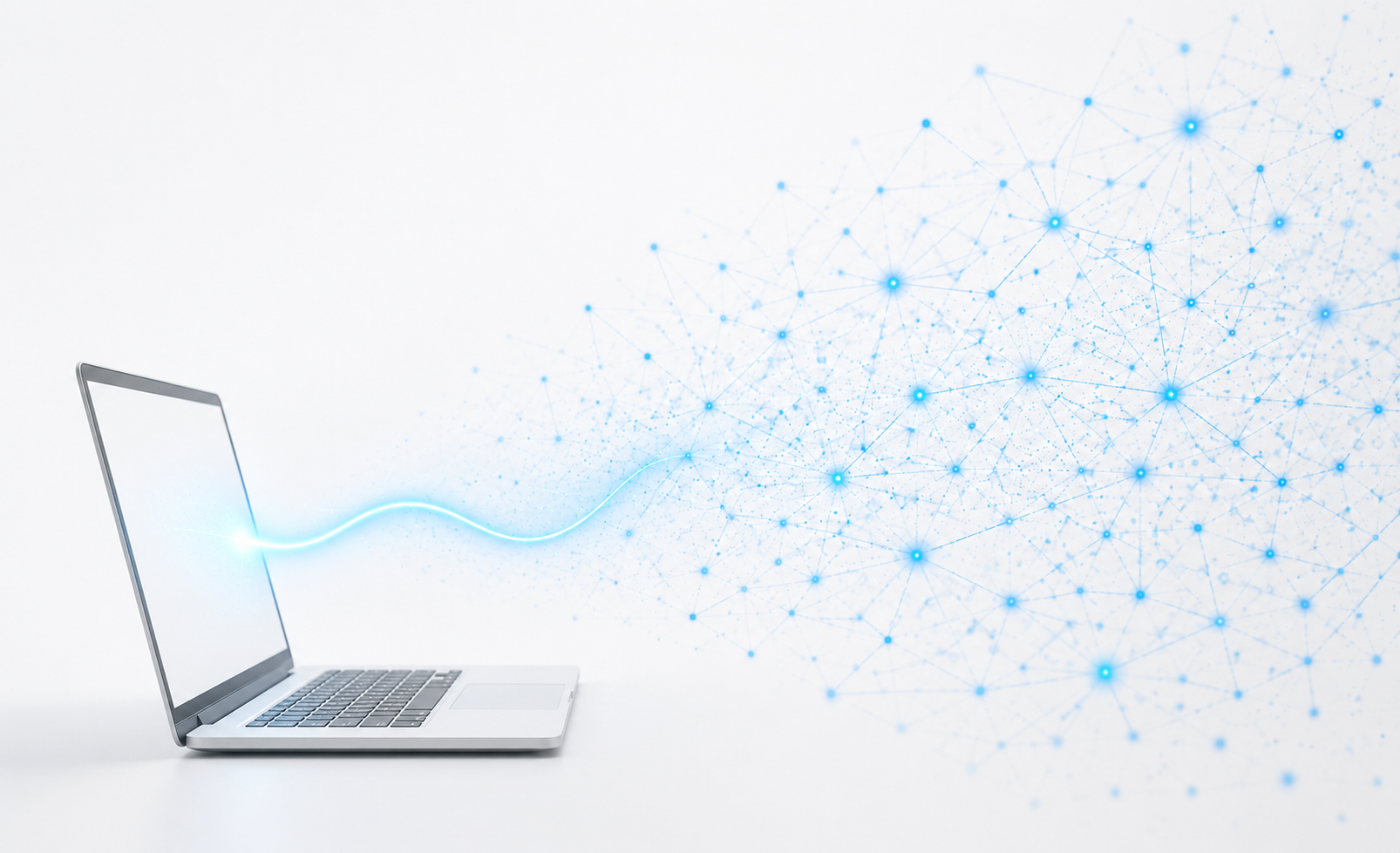 A glowing thread leaves a laptop and fades into a cloud of scattered data, illustrating how customer conversations in the DIY AI support channel happen beyond a company's visibility.