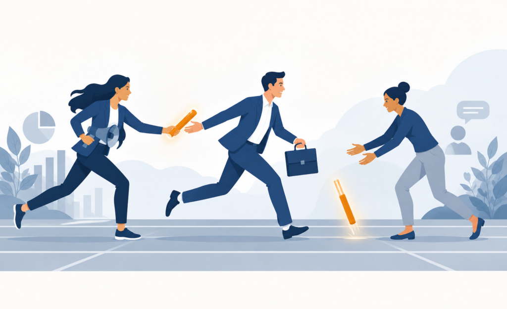 Illustration of a relay race where marketing successfully hands off to sales, but the baton is dropped before reaching customer success, symbolizing the breakdown between acquiring customers and helping them succeed.
