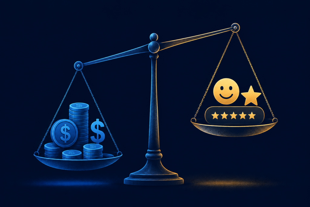 Balance scale tipped between financial outcomes and customer sentiment, illustrating the concept of experience yield and the tradeoff between revenue metrics and customer experience in business decision-making.