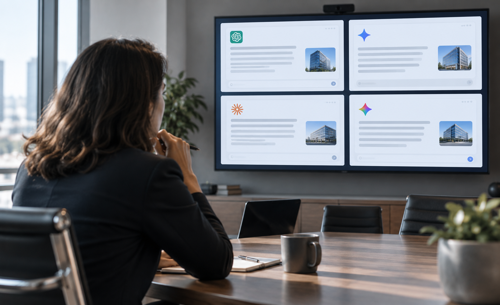 Business professional reviews four AI assistant responses side by side, illustrating how different AI systems can describe the same company differently.