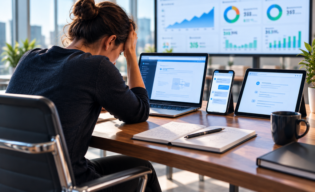 Frustrated CX tester navigating support information across a laptop, chatbot, and tablet while customer experience metrics appear positive in the background.