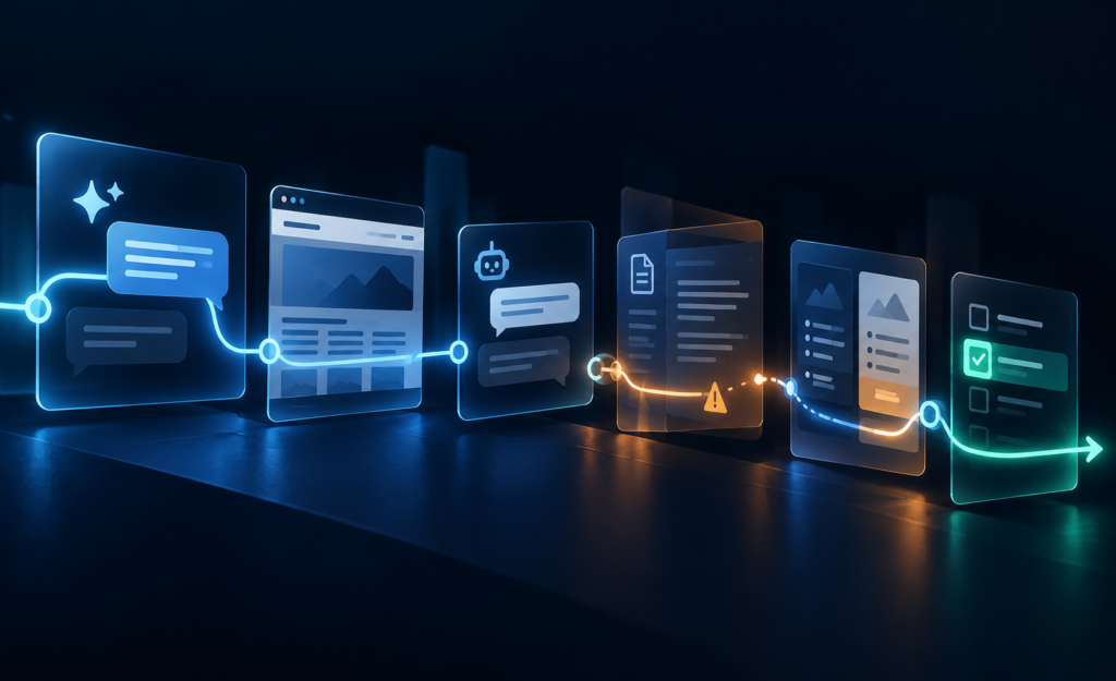 Abstract buyer journey moving across AI, website, chatbot, documentation, and comparison touchpoints, connected by a continuous path highlighting friction in the digital buying experience.